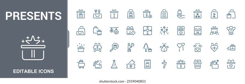Present and gift box icon set. Minimalist gift line icons. Related to happy birthday, happy new year. Vector illustration.