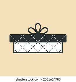 Present, gift box icon. Vector. Black and white fill, decorative diagonal design, bow. Yellow gold background