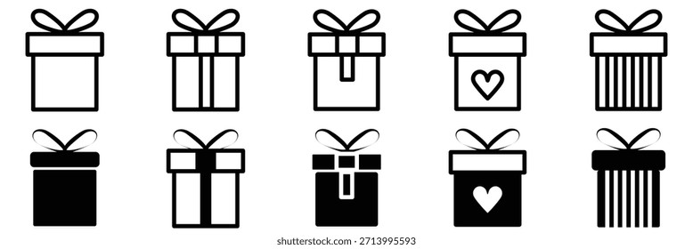 Presentar iconos de caja de regalo. Caja de regalo negra y sorpresa. Conjunto de iconos de caja de regalo. Icono de regalo de Navidad. Caja atada con cinta y decorada. Ilustración vectorial