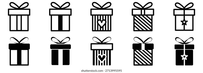 Apresentar ícones da caixa de presente. Caixa de presente preta e Surpresa. Conjunto de ícones de caixa de presente. Ícone de presente de Natal. Caixa amarrado com fita e decorado. Ilustração vetorial