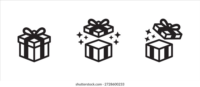 Presente la Colección de los iconos de la caja de regalo con las cajas abiertas y cerradas con los destellos. Símbolos de Vector de regalo sorpresa para Festiva, cumpleaños, San Valentín, celebración, logro, venta y éxito.