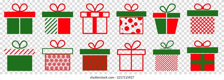 Present gift box icons set. Giftbox with ribbon cartoon collection. Vector illustration isolated on transparent background