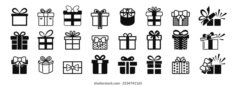 Geschenkbox-Icons-Set präsentieren. Weihnachts- und Geburtstagsgeschenksymbol, Illustration, Vektorsymbol einzeln. Linie und Silhouette Stil
