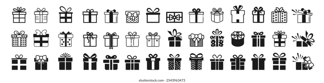 Apresentar conjunto de ícones da caixa de presente. Natal e aniversário ícone de presente ilustração vetor símbolo isolado. Estilo de linha e silhueta