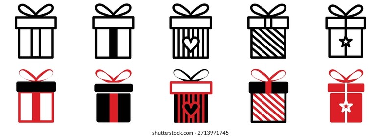 Present gift box icons set. Christmas and birthday gift icon illustration vector symbol isolated. Line and silhouette style