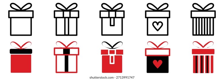Presente los iconos de la caja de regalo fijados. Navidades y símbolo de Vector de ilustración de icono de regalo de cumpleaños aislado. Línea y estilo de silueta