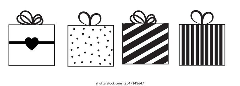 Apresentar ícones da caixa de presente. Presente e surpresa. Conjunto de ícones de caixa de presente. Ícone de presente de Natal. Caixa amarrado com fita e decorado.  333