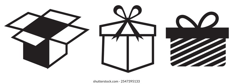 Present gift box icons. Gift and Surprise. Gift box icon set. Christmas gift icon. Box Tied with Ribbon and Decorated. Vector illustration