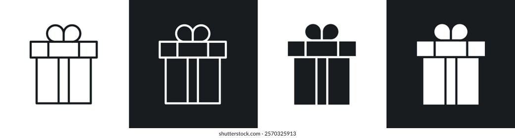 Present gift box icons vectors set in black. line and flat versions