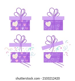 Present gift box illustration. Vector isolated elements. Purple gift icon with hearts and stripped illustration vector symbol. Valentine day present cartoon flat design. Vector open and closed version