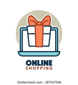Present gift box in open laptop online shopping concept logo isolated on white background. E-commerce buying vector illustration logotype in flat style. Get a present buying via internet emblem