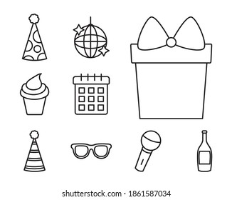 present gift box and party icon set over white background, line style, vector illustration