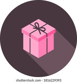 Present gift box with ribbon bows flat design illustration in circle icon. Isometric vector interface elements for app icon UI UX banner web invitation isolated on white background. 
