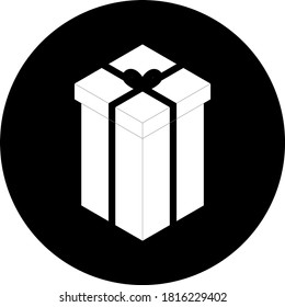 Present gift box with ribbon bows flat design illustration in circle icon. Isometric vector interface elements for app icon UI UX banner web invitation isolated on white background. 