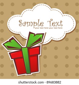 Present gift box with ribbon and text bubble on a dotted background. Vector illustration