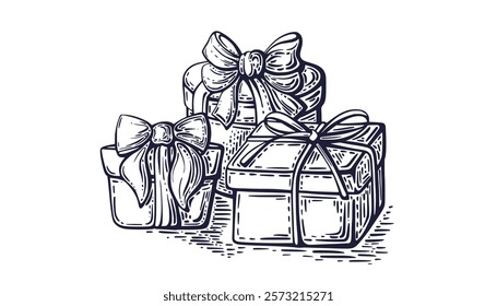 Present gift box. Wrapped in paper with bow knot in hand drawn vintage woodcut illustration etching style. Christmas gift tied. Vector engraving illustration. Wedding celebration, holiday, party