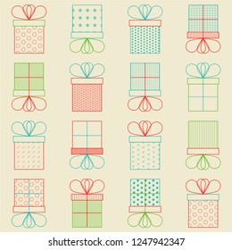 Present or gift boxes. Outline vector. Bright colors. Celebration concept. Seamless pattern