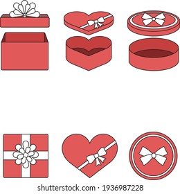 Present gift boxes with ribbon graphic illustration. Different shapes in vector.  Top view and opened boxes.