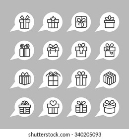 Present and gift icons. Holiday pictogram. Celebration vector graphic. Surprise design collection.