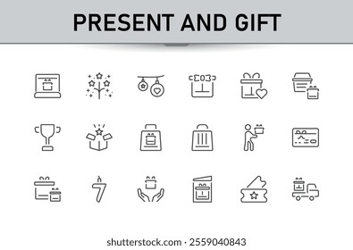 Present and gift line icon set. Benefit, win, balloons, incentive, reward editable stroke outline icons pack. Vector illustration. 