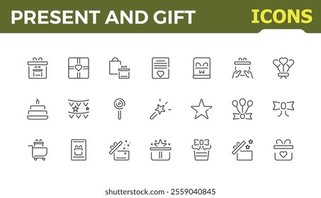 Present and gift line icon set. Benefit, win, balloons, incentive, reward editable stroke outline icons pack. Vector illustration. 