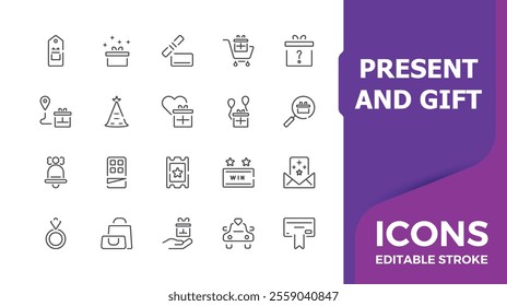 Present and gift line icon set. Benefit, win, balloons, incentive, reward editable stroke outline icons pack. Vector illustration. 