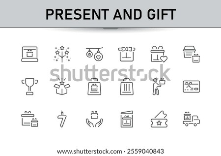Present and gift line icon set. Benefit, win, balloons, incentive, reward editable stroke outline icons pack. Vector illustration. 