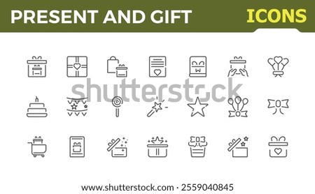 Present and gift line icon set. Benefit, win, balloons, incentive, reward editable stroke outline icons pack. Vector illustration. 