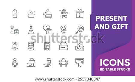 Present and gift line icon set. Benefit, win, balloons, incentive, reward editable stroke outline icons pack. Vector illustration. 