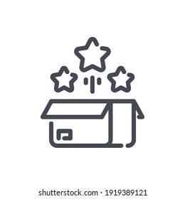 Icono de línea de caja de regalo y magia. Cuadro abierto con signo de contorno vectorial de estrellas.