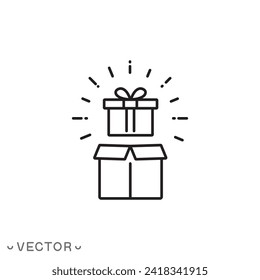Present, Gift and Magic box line icon. Open box reward vector outline sign. thin line symbol isolated on white background, editable stroke eps 10 vector illustration