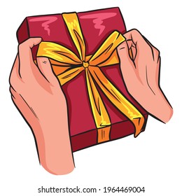 Presente. Regalo envuelto con un arco. Bonita decoración de regalos. Estilo de caricatura. Ilustración para el diseño y la decoración.