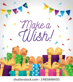present gifts with ribbon bow and party banner