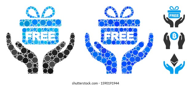 Present give hands mosaic of filled circles in various sizes and color hues, based on present give hands icon. Vector circle elements are united into blue mosaic.
