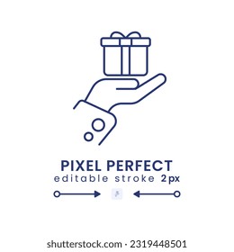 Presentar un icono de escritorio lineal. Distribución de regalos. Una ocasión especial. Gesto de aprecio. Píxel perfecto, contorno 2px. GUI, diseño UX. Elemento de interfaz de usuario aislado para el sitio web. Trazo editable