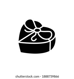 Present glyph icon.Gift box with bow ribbon and heart filled flat sign.Holiday congratulation, surprise concept. Holiday offer. Christmas, birthday, valentine. Isolated silhouette vector illustration 