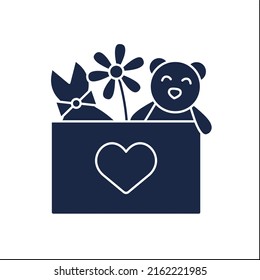 Present glyph icon.Gift box with teddy bear, fashion dress and flower. Birthday congratulation, surprise in box. Celebration. Gift box concept.Filled flat sign. Isolated silhouette vector illustration