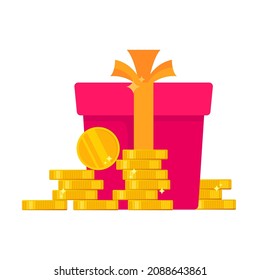 Geschenk mit Goldmünzen flache Vektorgrafik Einfache Schleife Geld Geschenkbox und Haufen Gold Logo Symbol Clipart