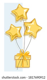 Present. Golden stars balloons. Falling gift box. Greeting card. Festive party. Celebrating birthday