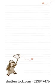 Present a happy girl is playing catch butterflies and handwriting stripes on paper size A4.