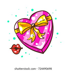 present heart shaped gift box with ribbon bow and kiss isolated on white background. Isometric vector illustration