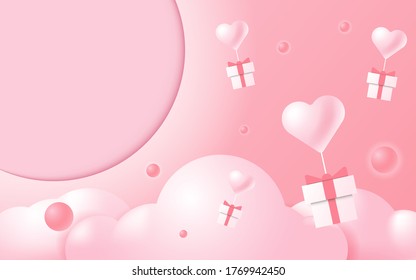 Present with heart-shaped balloon floating on cloud with pink background, tiny spheres and copy space for text and message on top left.