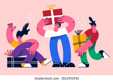 Present, holiday gift celebration concept. Group of young happy male characters holding gift boxes for presentation and celebrating events birthdays vector illustration.