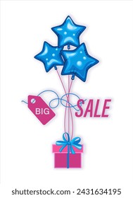 Present. Holiday Sale. Vector poster with blue stars and gift with an advertising message big sale. 