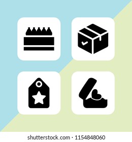 present icon. 4 present set with romantic gift of a heart ring in a box, voucher, gift basket and box vector icons for web and mobile app