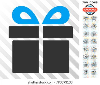 Present icon with 7 hundred bonus bitcoin mining and blockchain pictures. Vector illustration style is flat iconic symbols design for blockchain software.