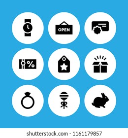present icon. 9 present set with reward, diamond ring shape, bunny and watch vector icons for web and mobile app
