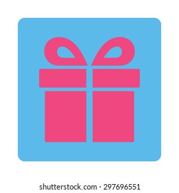 Present icon from Award Buttons OverColor Set. Icon style is pink and blue colors, flat rounded square button, white background.