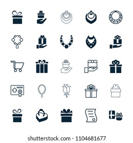 Present icon. collection of 25 present filled and outline icons such as necklace, gift, ring in box, gift on hand. editable present icons for web and mobile.