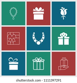 Present icon. collection of 9 present filled and outline icons such as gift, necklace, rose. editable present icons for web and mobile.